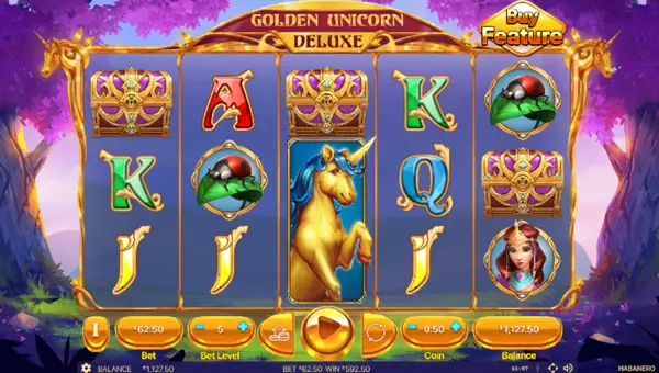 Golden Unicorn Deluxe base game screenshot showing reels and features