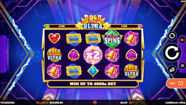 Goldstorm Ultra base game screenshot showing reels and features