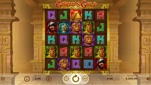 Gonzos Gold base game screenshot showing reels and features