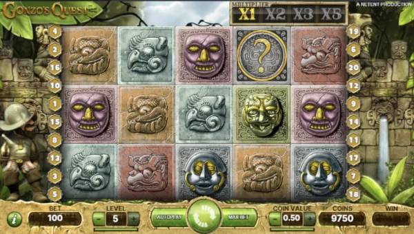 Gonzos Quest base game screenshot showing reels and features