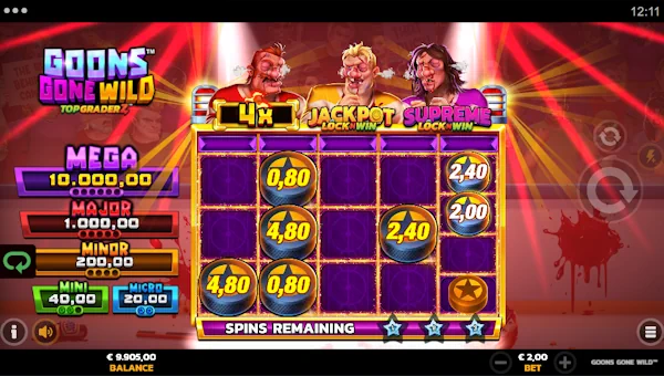 Screenshot of Goons Gone Wild slot demo showing reels and bonus game features