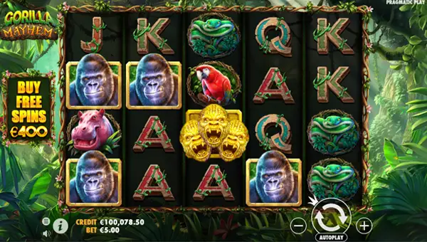 Gorilla Mayhem base game screenshot showing reels and features