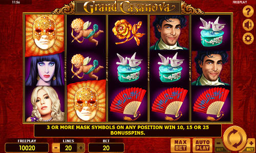 Grand Casanova base game screenshot showing reels and features