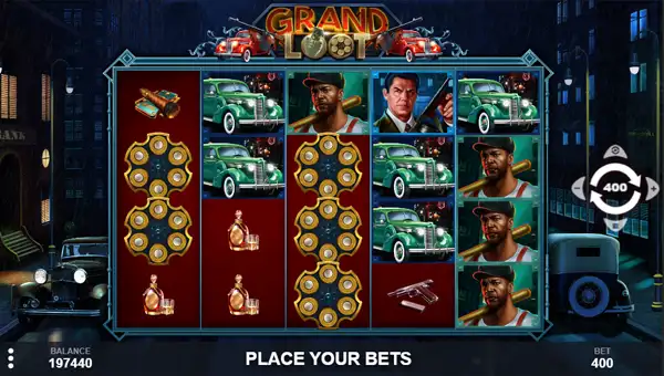 Grand Loot base game screenshot showing reels and features