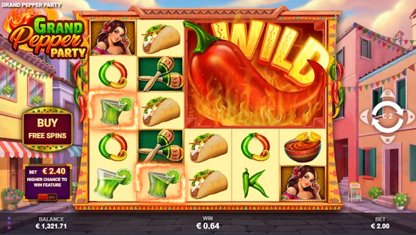 Grand Pepper Party base game screenshot showing reels and features