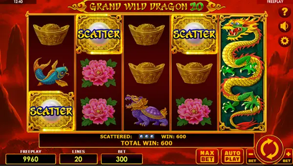 Grand Wild Dragon 20 base game screenshot showing reels and features