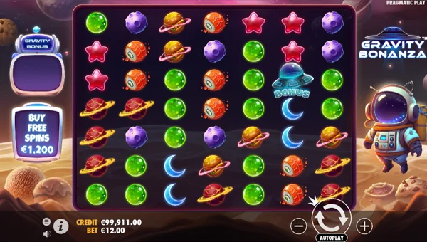 Gravity Bonanza base game screenshot showing reels and features