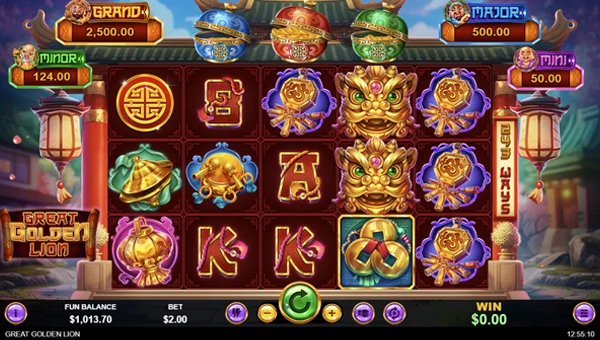 Great Golden Lion base game screenshot showing reels and features