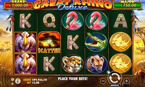 Great Rhino Deluxe base game screenshot showing reels and features