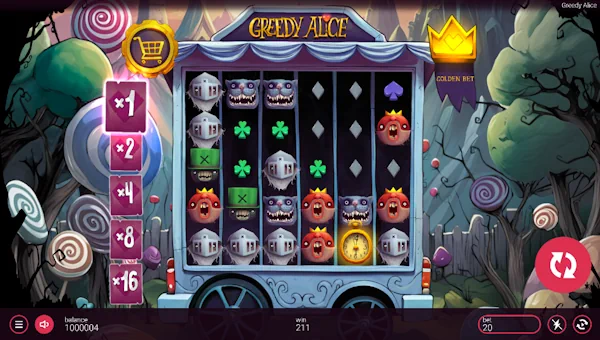 Greedy Alice base game screenshot showing reels and features