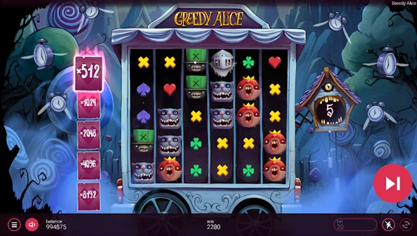 Screenshot of Greedy Alice slot demo showing reels and bonus game features