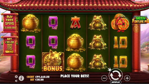 Greedy Fortune Pig base game screenshot showing reels and features