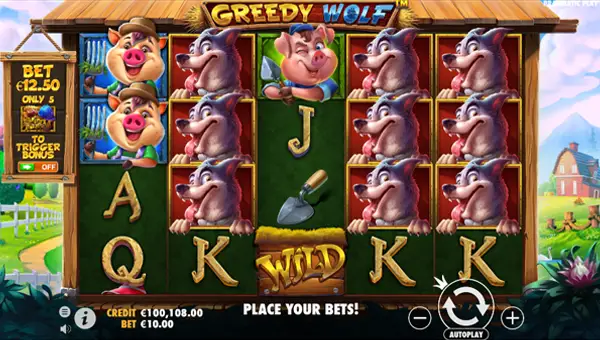 Greedy Wolf base game screenshot showing reels and features