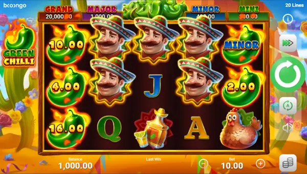 Green Chilli base game screenshot showing reels and features