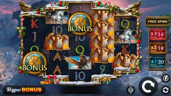 Griffins Quest Xmas base game screenshot showing reels and features
