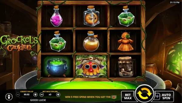 Grockels Cauldron base game screenshot showing reels and features