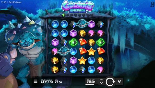 Gronks Gems base game screenshot showing reels and features