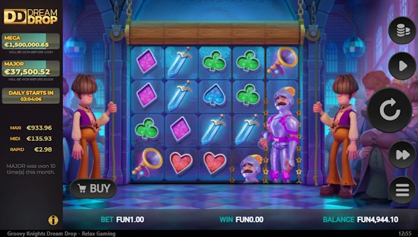 Groovy Knights Dream Drop base game screenshot showing reels and features