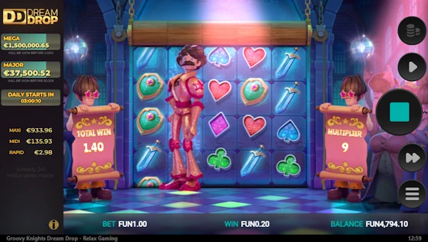 Screenshot of Groovy Knights Dream Drop slot demo showing reels and bonus game features