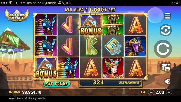Guardians of the Pyramids base game screenshot showing reels and features