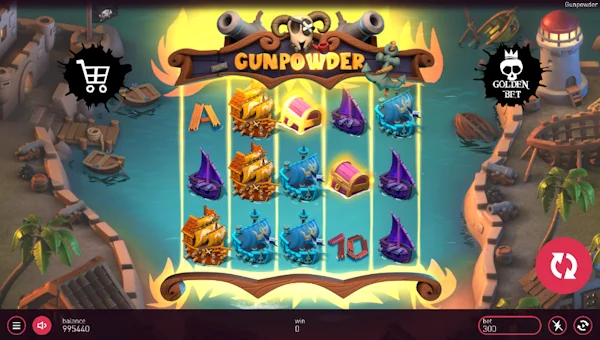 Gunpowder base game screenshot showing reels and features