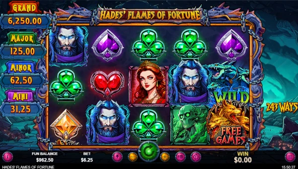 Hades Flames of Fortune base game screenshot showing reels and features