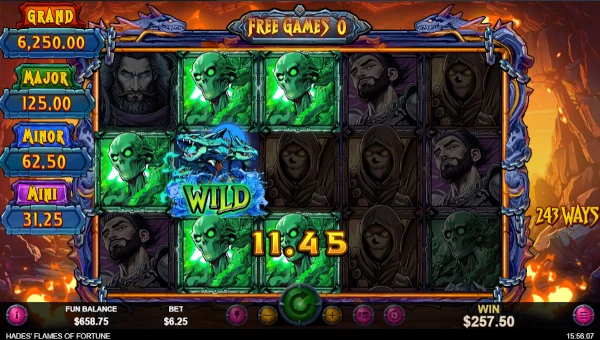 Screenshot of Hades Flames of Fortune slot demo showing reels and bonus game features