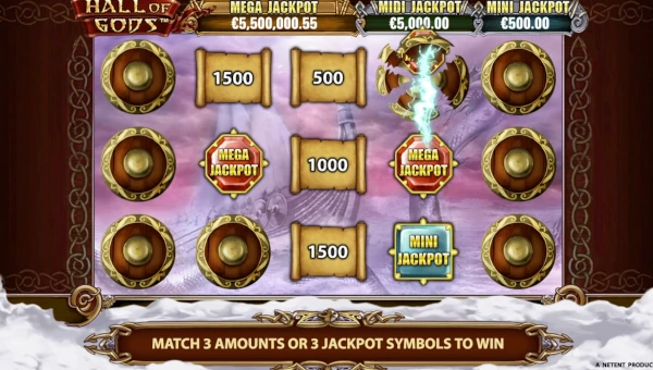 Screenshot of Hall of Gods slot demo showing reels and bonus game features