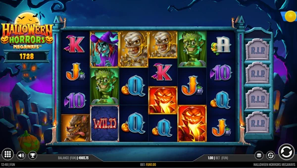 Halloween Horrors Megaways base game screenshot showing reels and features