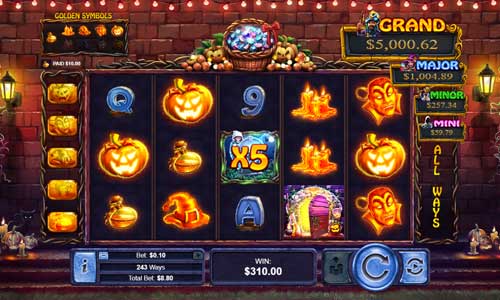 Halloween Treasures base game screenshot showing reels and features