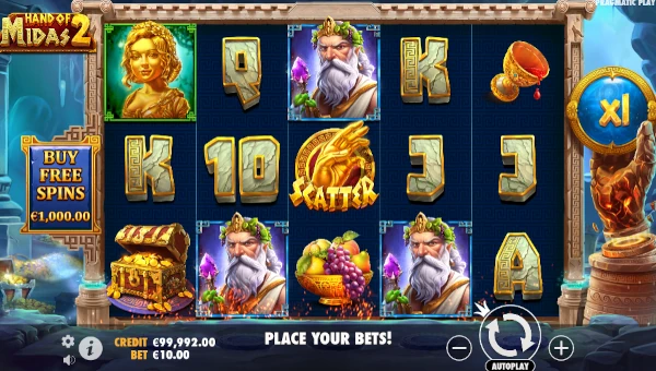 Hand of Midas 2 base game screenshot showing reels and features