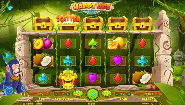 Happy Ape base game screenshot showing reels and features