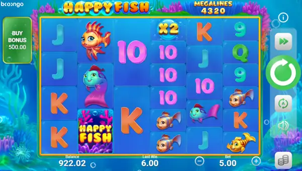 Happy Fish base game screenshot showing reels and features