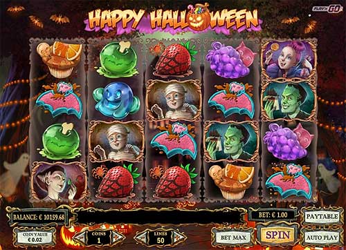 Happy Halloween base game screenshot showing reels and features