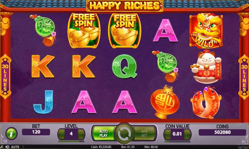 Happy Riches base game screenshot showing reels and features
