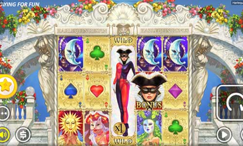 Harlequin Carnival base game screenshot showing reels and features