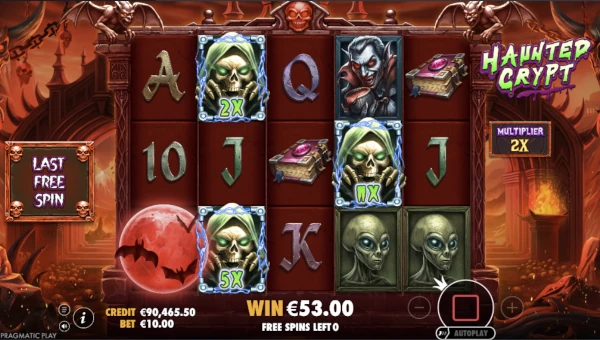 Screenshot of Haunted Crypt slot demo showing reels and bonus game features