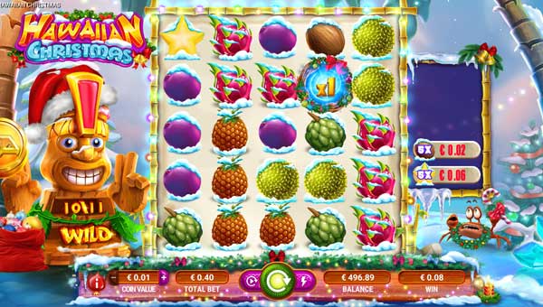 Hawaiian Christmas base game screenshot showing reels and features