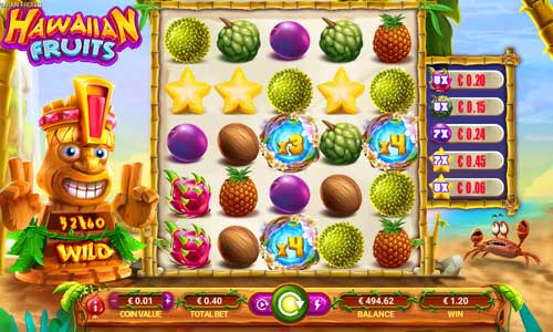 Hawaiian Fruits base game screenshot showing reels and features