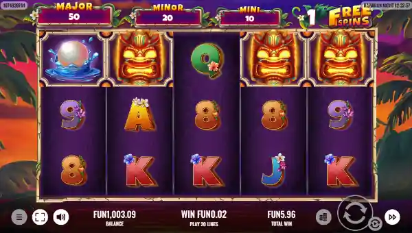 Hawaiian Night base game screenshot showing reels and features
