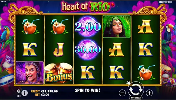 Heart of Rio base game screenshot showing reels and features