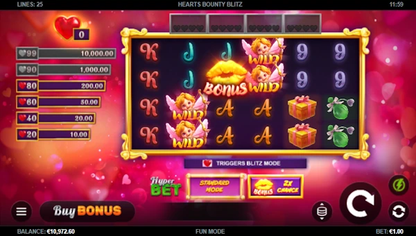 Hearts Bounty Blitz base game screenshot showing reels and features