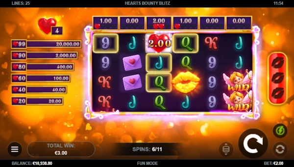 Screenshot of Hearts Bounty Blitz slot demo showing reels and bonus game features