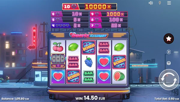 Hearts Highway base game screenshot showing reels and features