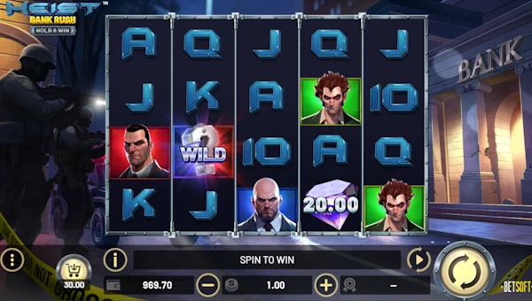 Heist Bank Rush base game screenshot showing reels and features