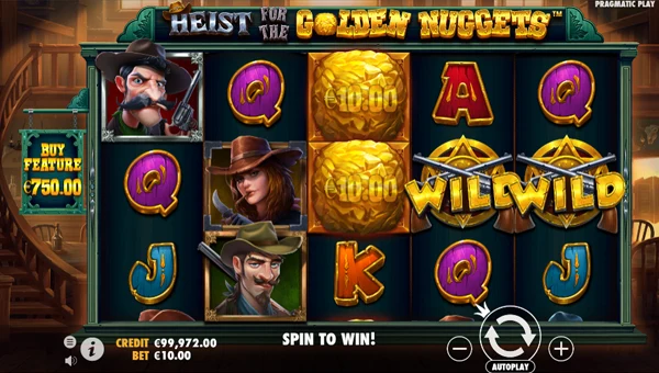 Heist for the Golden Nuggets base game screenshot showing reels and features