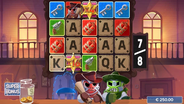 Screenshot of Heist Guys 2 slot demo showing reels and bonus game features