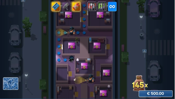 Screenshot of Heist Guys slot demo showing reels and bonus game features