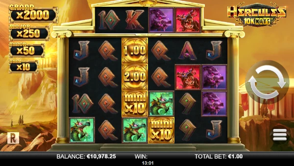 Hercules 10K Ways base game screenshot showing reels and features