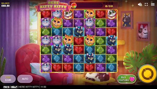 Here Kitty Kitty base game screenshot showing reels and features